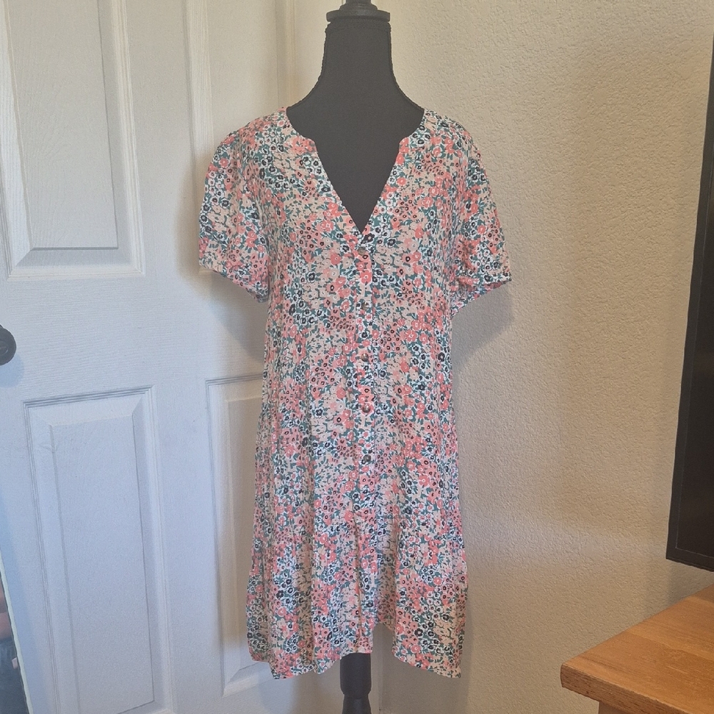 LOFT Pink Floral Short-Sleeve Button-Front Dress